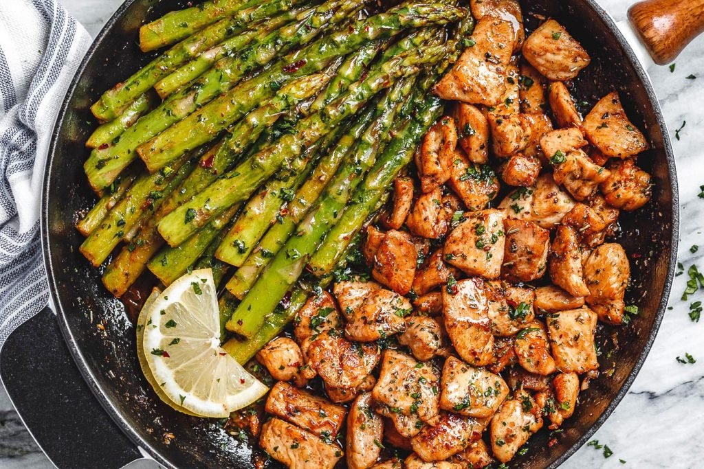 Garlic Butter Chicken Bites with Lemon Asparagus