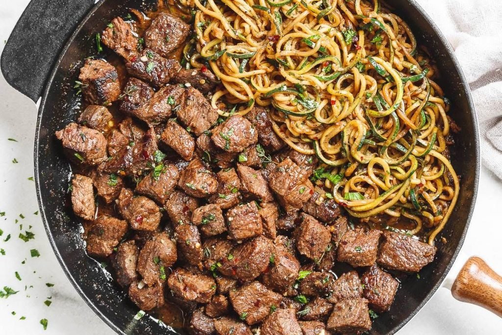 Garlic Butter Steak Bites with Lemon Zucchini Noodles, healthy quick dinner