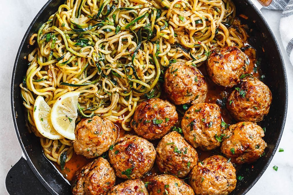 Garlic Butter Turkey Meatballs with Lemon Zucchini Noodles, healthy quick dinner